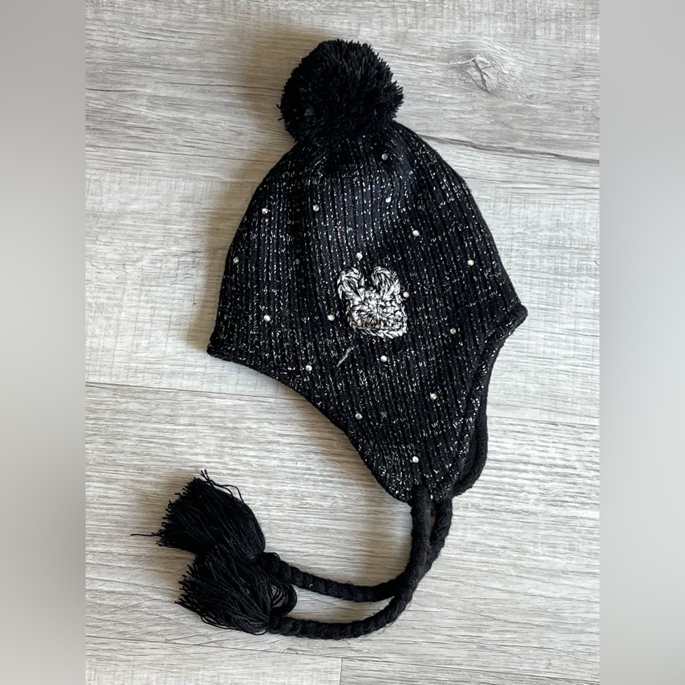 Disney Mickey Mouse Winter Hat Silver Threading Rhinestones Size Adult Tassels